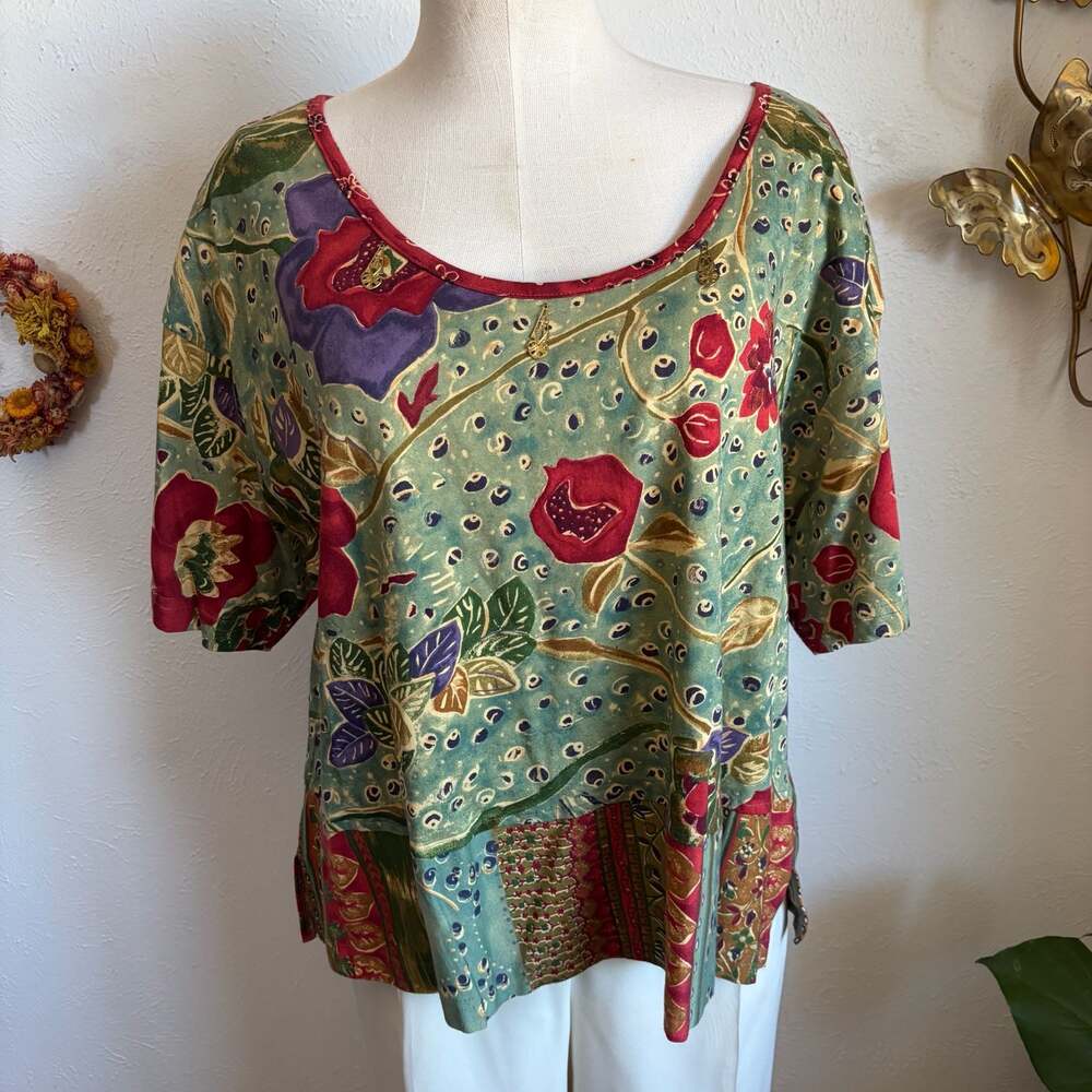 Carole Little Sport Vintage Floral Patchwork Print Cotton Tee XL